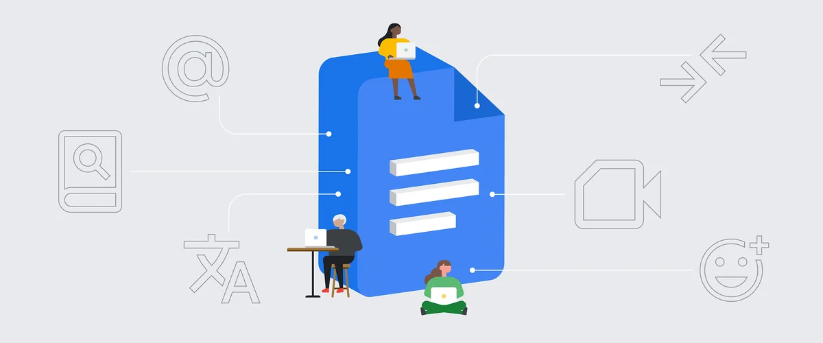 Illustrated figures of people working on laptops sitting on and next to a large Google Docs icon