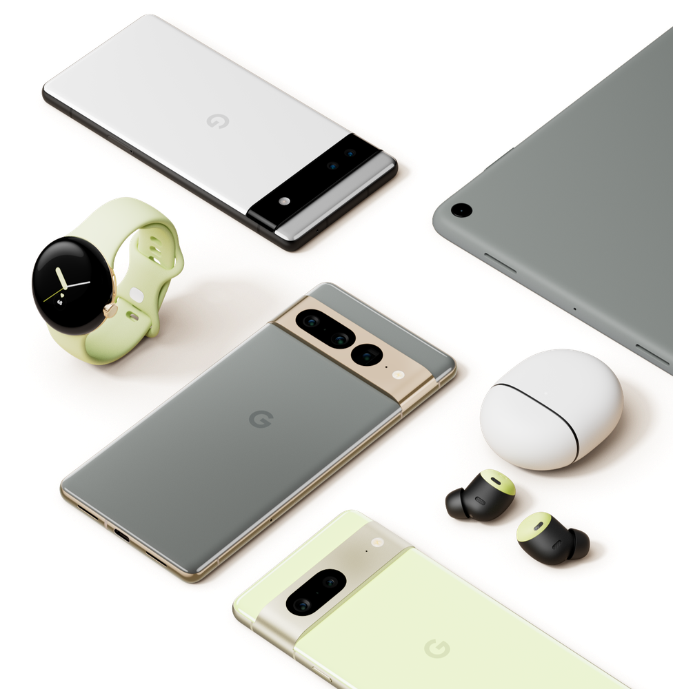 Pixel products grouped together on a white background. Products include Pixel Bud Pros, the Google Pixel Watch and Pixel phones.