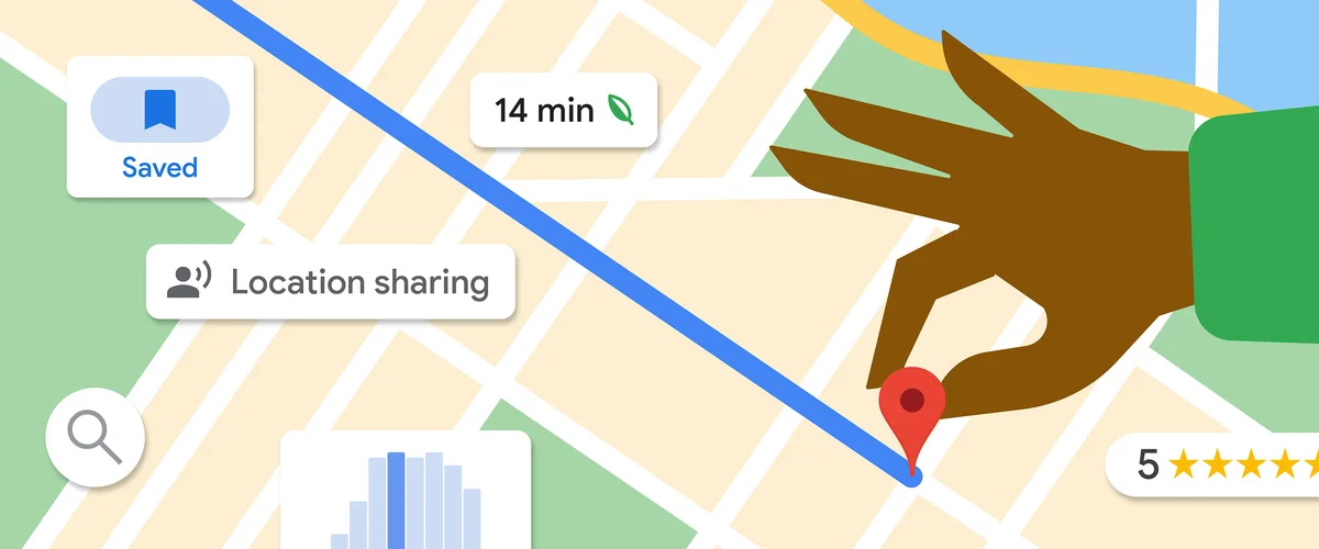 An illustration of Google Maps with several features represented, including reviews, saved places, location sharing, and eco-friendly routing.