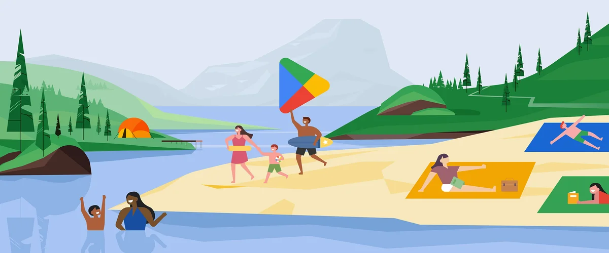 An illustration of several families on a beach. One person is holding a surfboard in one arm and the Google Play logo in another as they walk toward the water.