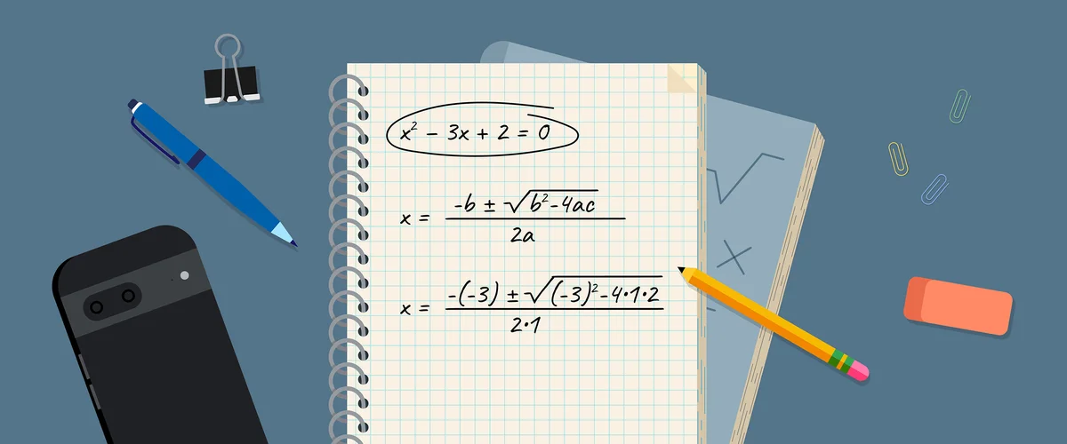 An illustration of a phone and various school supplies next to a notepad with a math problem on it.