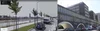 Es  sind zwei Bilder zu sehen. Links eine Street View-Aufnahme von 2008, auf dem das Areal, auf dem das heutige Google-Büro München steht,  noch unbebaut ist und rechts ein Foto des Google-Büros, Stand heute.