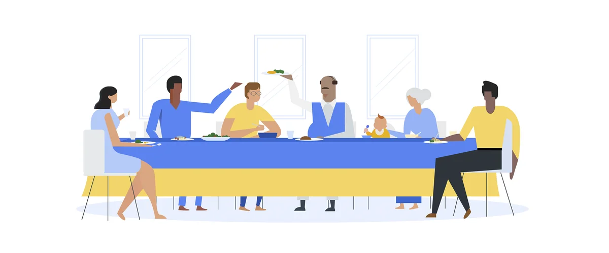 Blue and yellow illustration of people sitting around a dinner table
