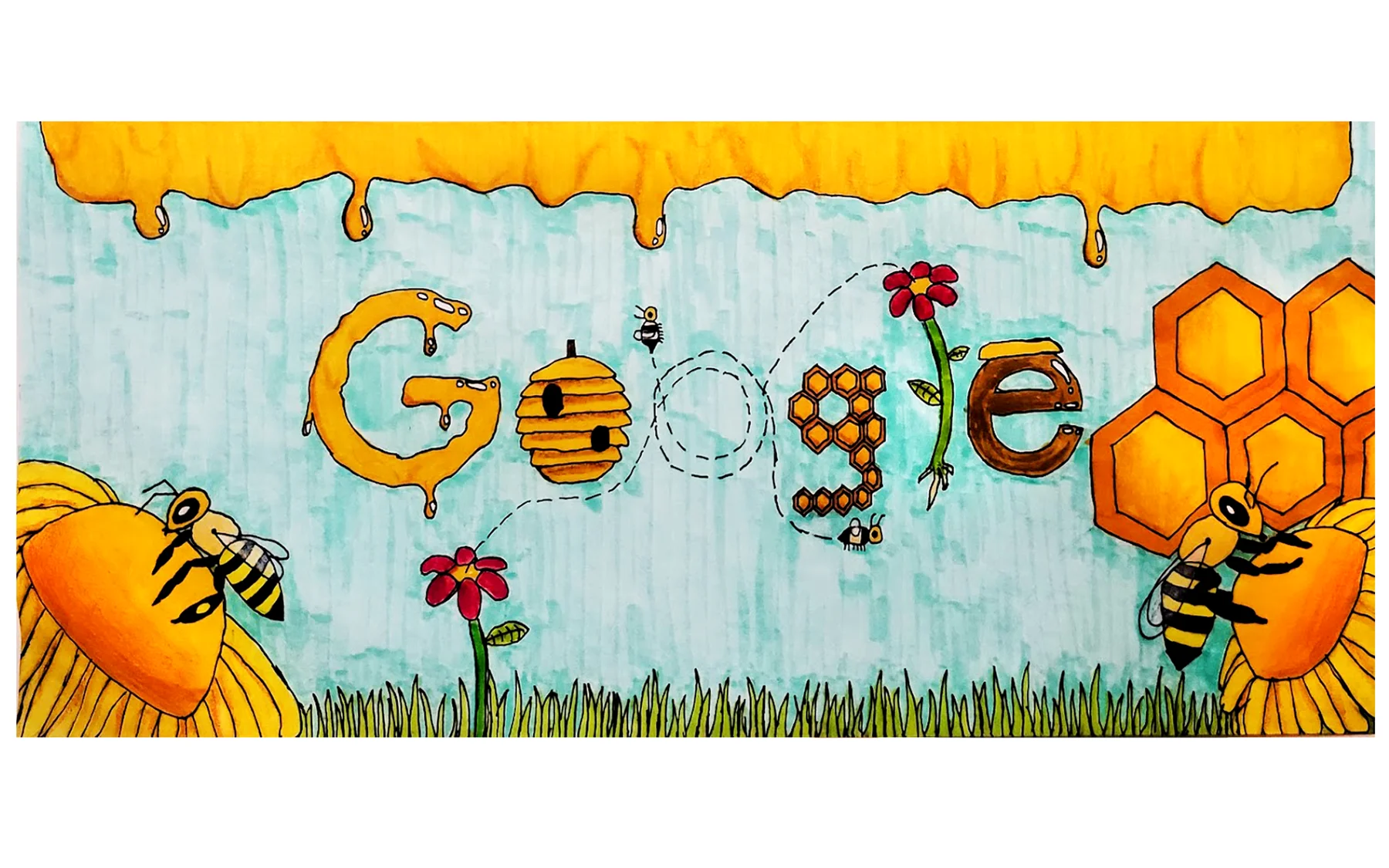 Illustration of the GOOGLE logo surrounded by bumble bee elements. The G is formed by honey, the first O is a beehive, the second O is the circular motion of a bee flying, the G is honeycomb, the L is a flower, and the E is more honey. The background scene is a field with large bees and flowers flanking each side and honey dripping from the top of the frame with a large honeycomb off to the right.