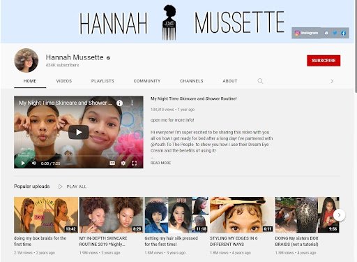 Hannah’s YouTube homepage featuring her “Nighttime skincare and shower routine,” among other haircare and skincare videos.