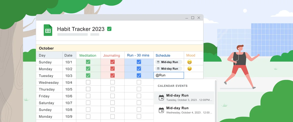 An illustration of a habit tracker in Sheets, with different-colored columns for each habit, days of the week, and Smart Chip calendar and emoji columns.