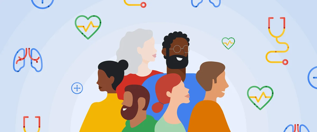 Illustration of a diverse group of people set against a blue background filled with medical and health icons.