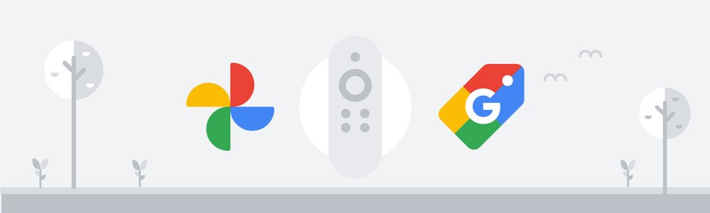 Pohon dan bunga bergambar ada di latar belakang sementara ikon Google Foto dan Google Shopping ada di tengah layar, dengan remote Chromecast bergambar di tengah.