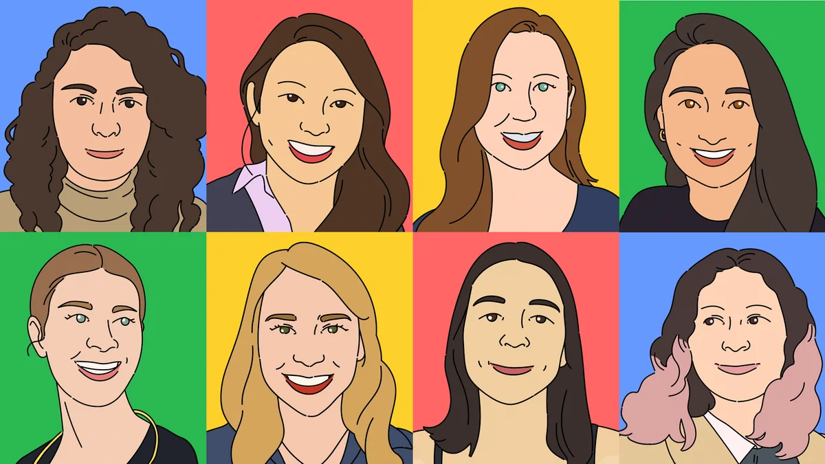 An illustrated collage of eight women's faces with colorful backgrounds.