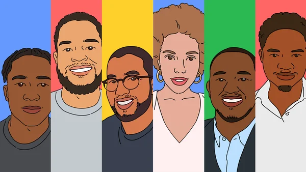 An illustration of six Black entrepreneurs in front of colorful backgrounds