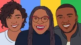 Three illustrations of #MyDomain creators on a red, blue, yellow, and green background
