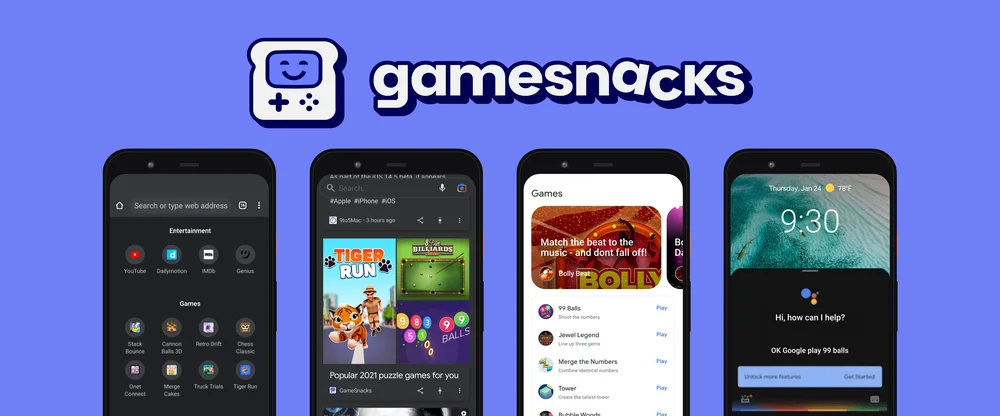 GameSnacks logo with four phones showing the app