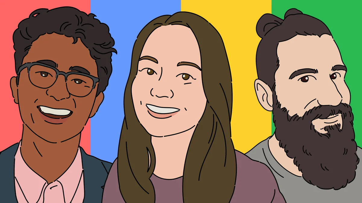 Three illustrations of #MyDomain creators on a red, blue, yellow, and green background.