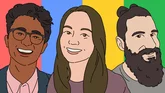 Three illustrations of #MyDomain creators on a red, blue, yellow, and green background.