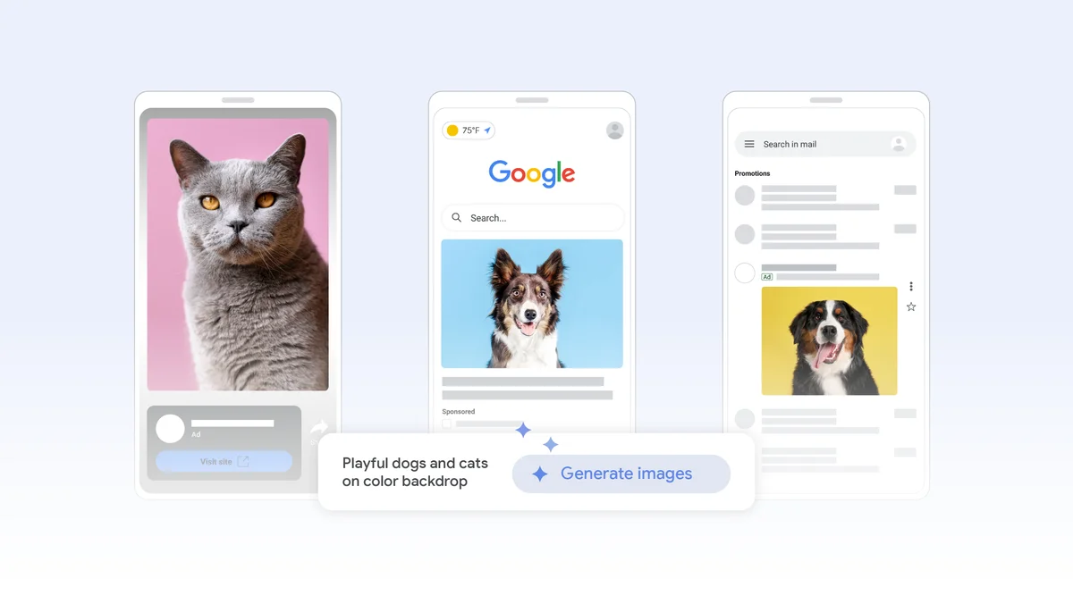 Imagenes generadas con IA de perros y gatos con fondos coloridos.