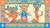 The illustration showcases three figures in vibrant costumes and masks, representing dancers or mythical beings, engaged in a lively celebration. The colorful geometric patterns and motifs in the background enhance the festive atmosphere, creating a visual tribute to the richness of Latino culture.  This artwork likely draws inspiration from traditional festivals and folklore.