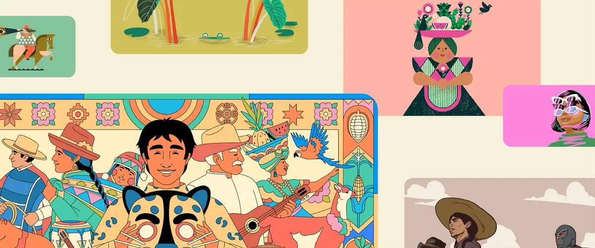 Un collage con imágenes del centro de Google Play y los fondos de Google Chrome Latino Artist Series