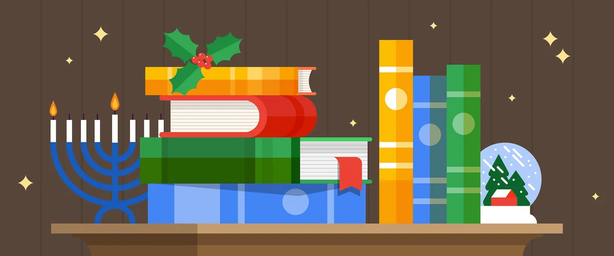An illustration of a shelf with holiday books