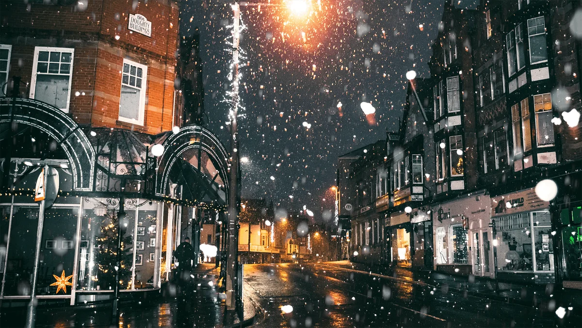 A snowy city street.