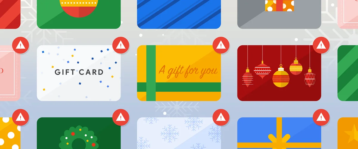 An illustration of various gift cards with red alerts near them