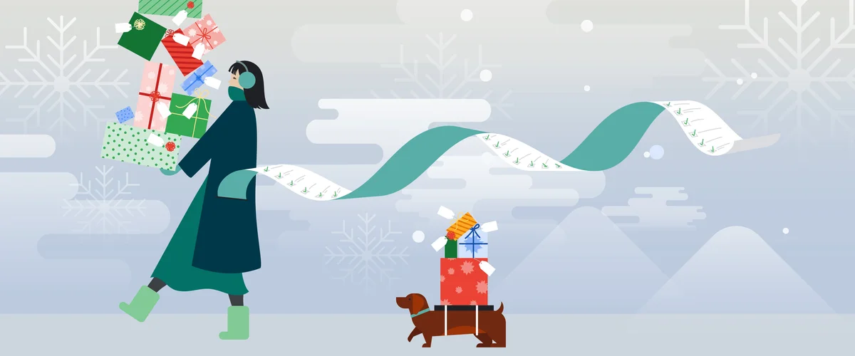 Illustration of a person bundled up, carrying gifts, walking outside in winter. A small dog is walking behind them with gifts on its back.