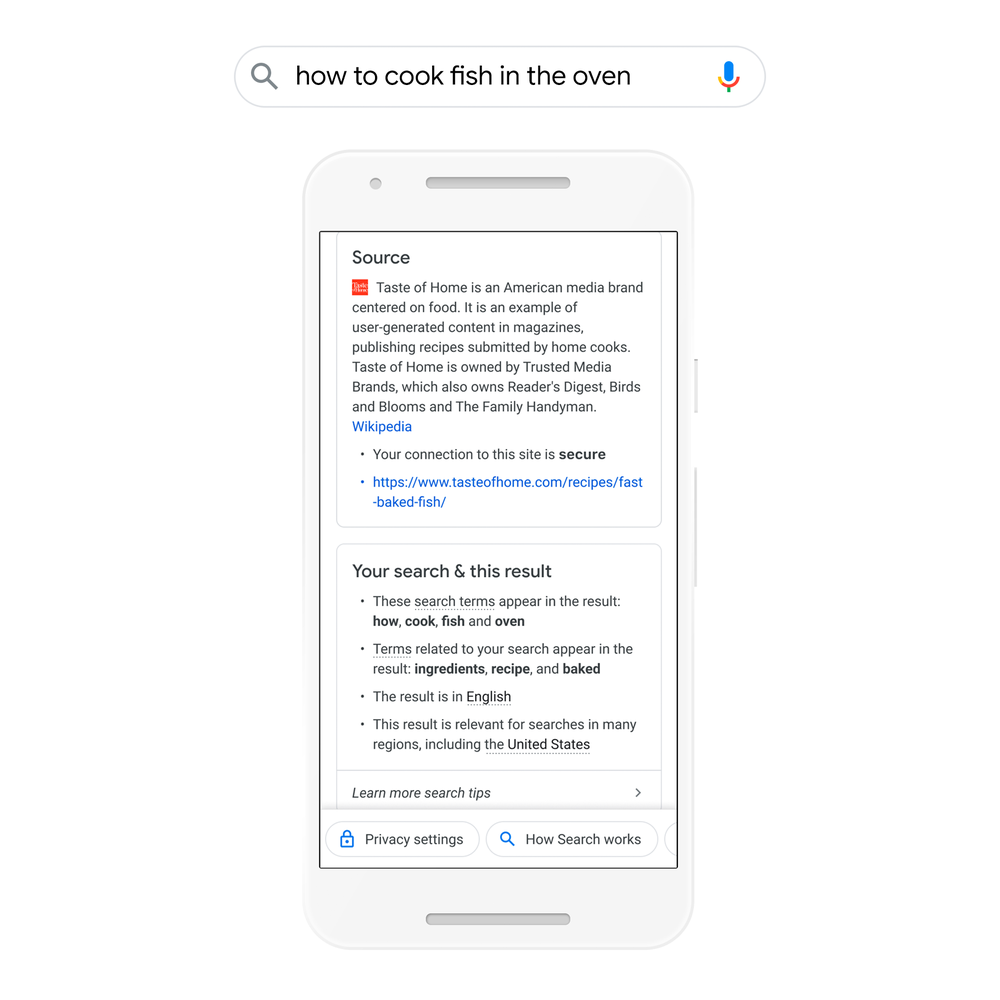 Screenshot of a Google search bar with the query “how to cook fish in the oven.” Below, a screenshot of an About This Result panel for a result for this query, including information about the source as well as factors (like search terms, language, and location) that connected the result to the search.