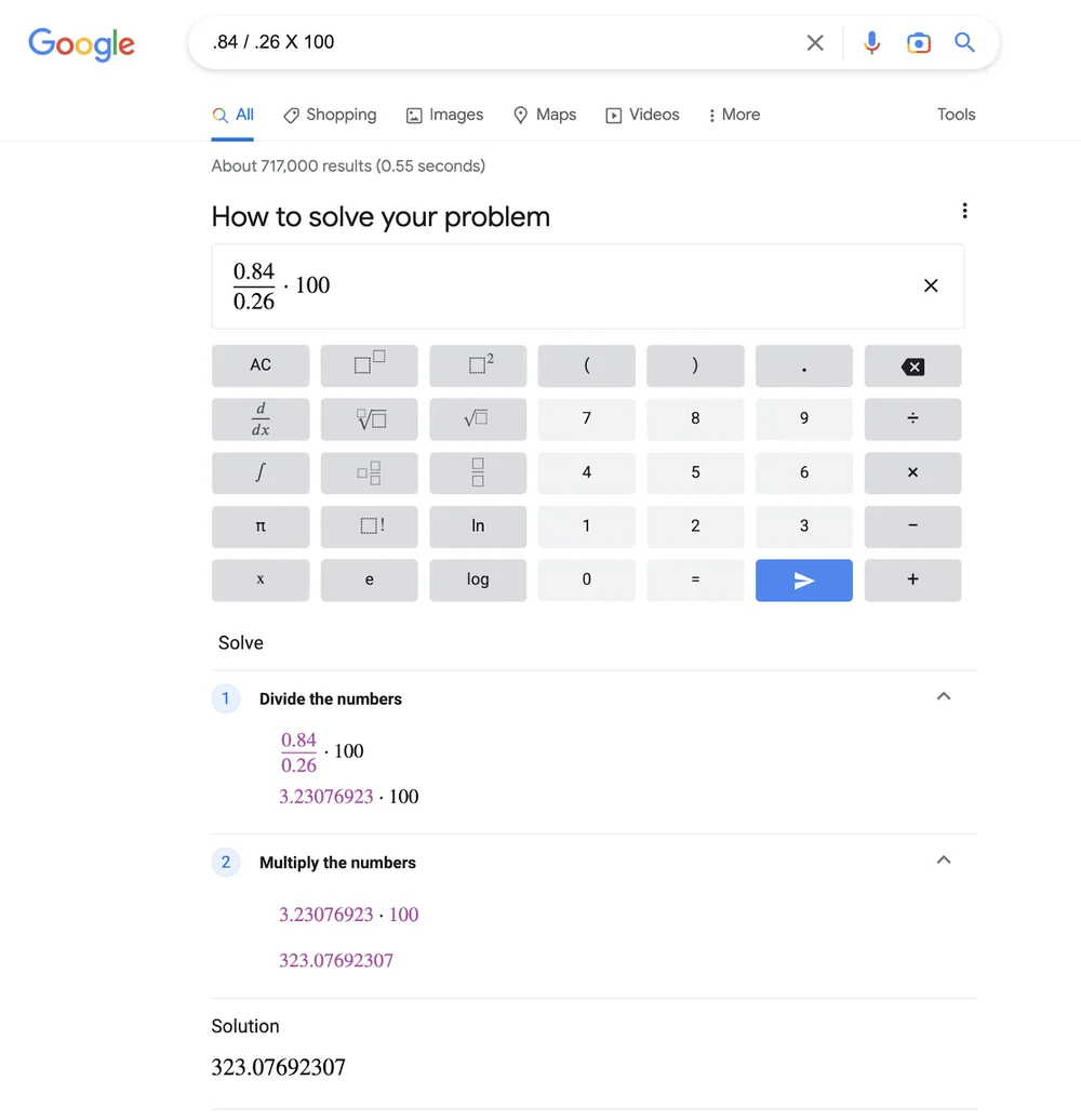 A screenshot of .84 / .26 x 100 being solved with Search.