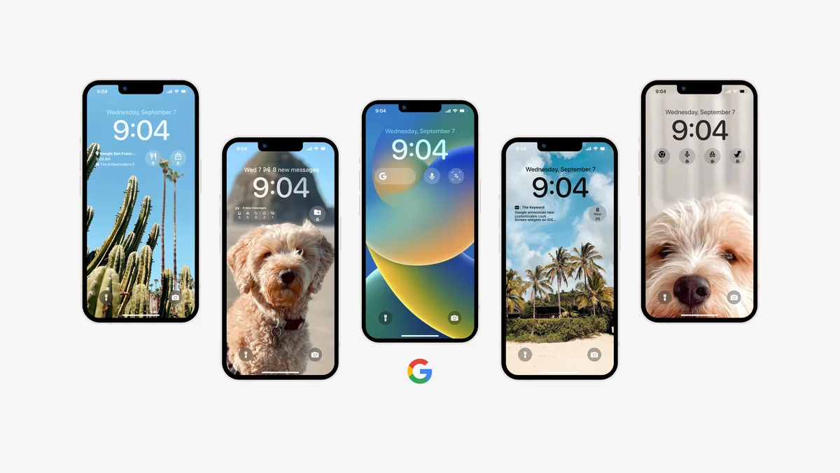 Five iPhones featuring wallpapers of tropical landscapes and dogs with circular and rectangular Lock Screen widgets.