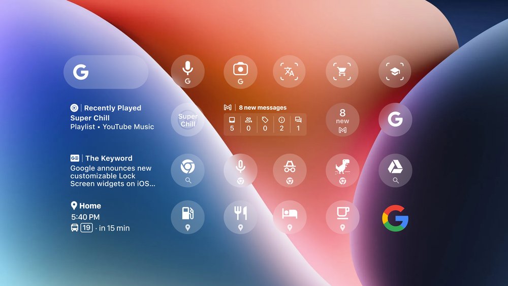 A screen with a blue, orange and purple background displays Google’s Lock Screen widgets for iOS 16, including Search, Lens, Chrome, Gmail, YouTube Music, Drive, Maps and News.