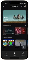 Visual of iPhone 13 with Google TV app open with different show and movie titles.