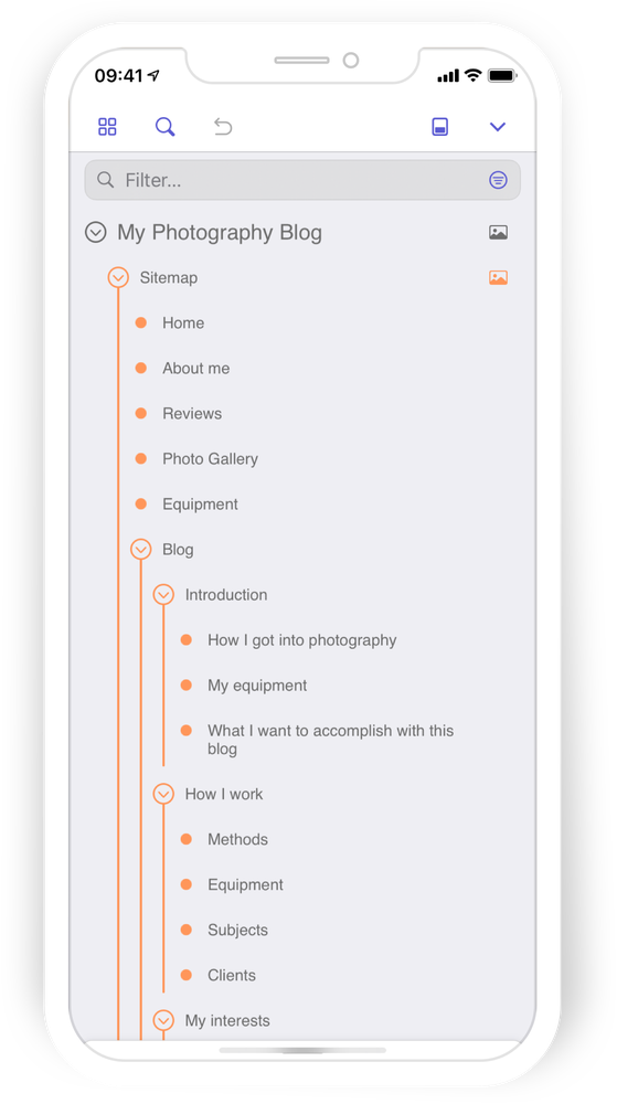 A phone with a gray background shows a mind map of the topic “My Photography Blog,” with an outline of related and sub-topics listed in orange bullets underneath.