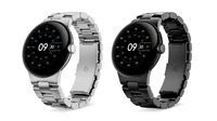 Two Pixel Watches with Metal Links bands, with the Brushed Silver option on the left and Matte Black on the right.