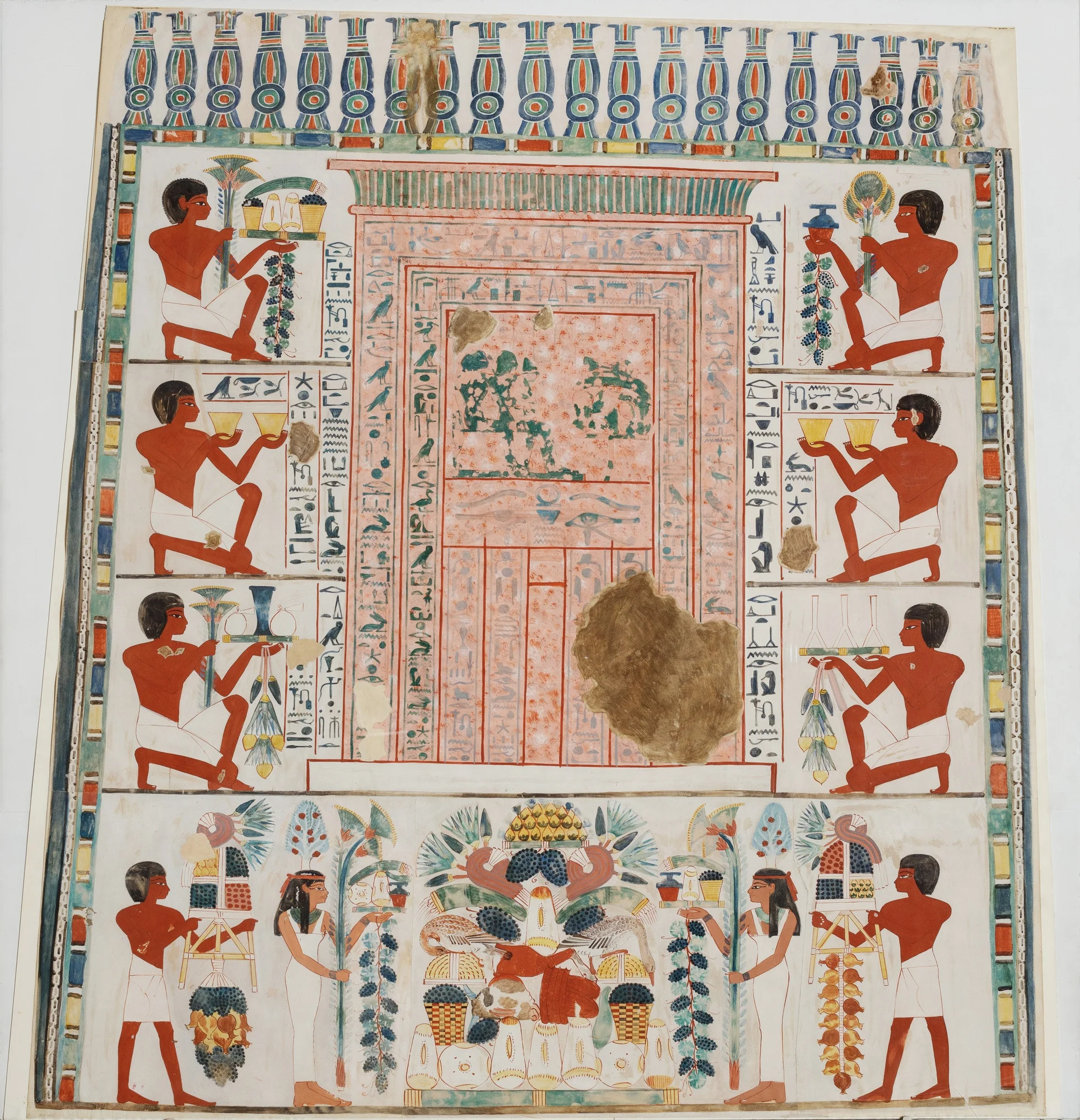 Ancient Egyptian artwork depicting a religious ceremony with offerings of food.