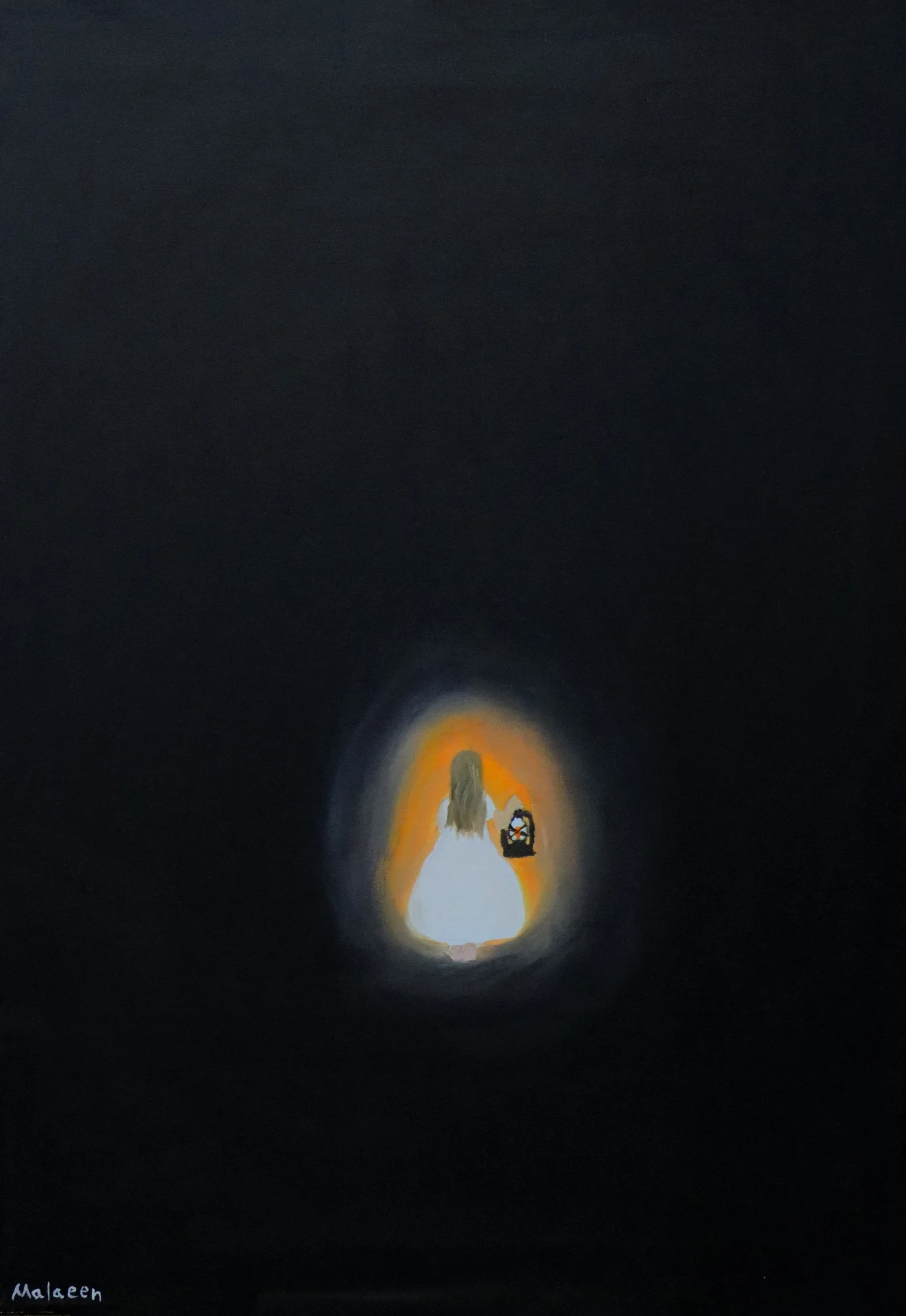 Painting by Malaeen LUQMAN called ‘Behind Every Darkness is Light’. Black background  with orange circle in the middle, inside it a girl wearing a white dress carrying a lamp. It expresses the sadness experienced by the girl who was kidnapped by ISIS, and that she did not expect one day that she would return to her family.