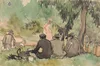 A green watercolor image of three men, all wearing gray-black with hats on, sitting on the grass under a tree. To their right are four light brown jugs, and in the background are two more men wearing hats who appear to be walking down a hill.