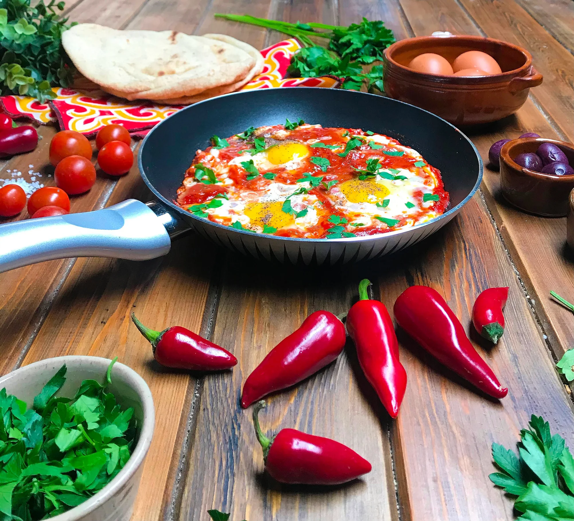 Spicy tomato stew with poached eggs.