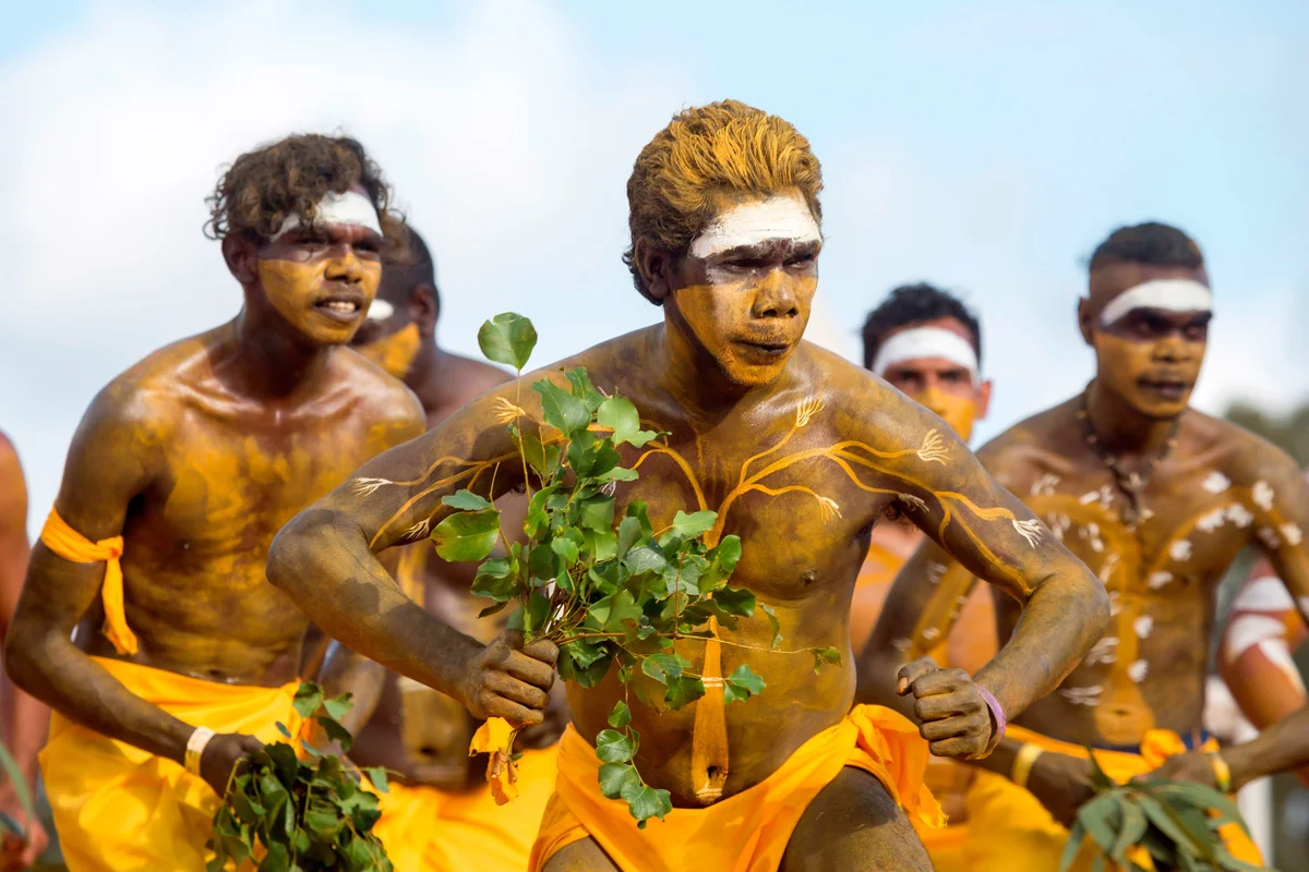 Photo of 5+ Gumatj men dancing with bunggul leaves