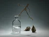 An abstract image of a jar, a branch and two pears all made from glass