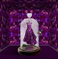 Photo of artwork by Kenyan fashion designer Anyango Mpinga showing a many shaded purple dress in a large bell jar against a purple background of the same abstract print