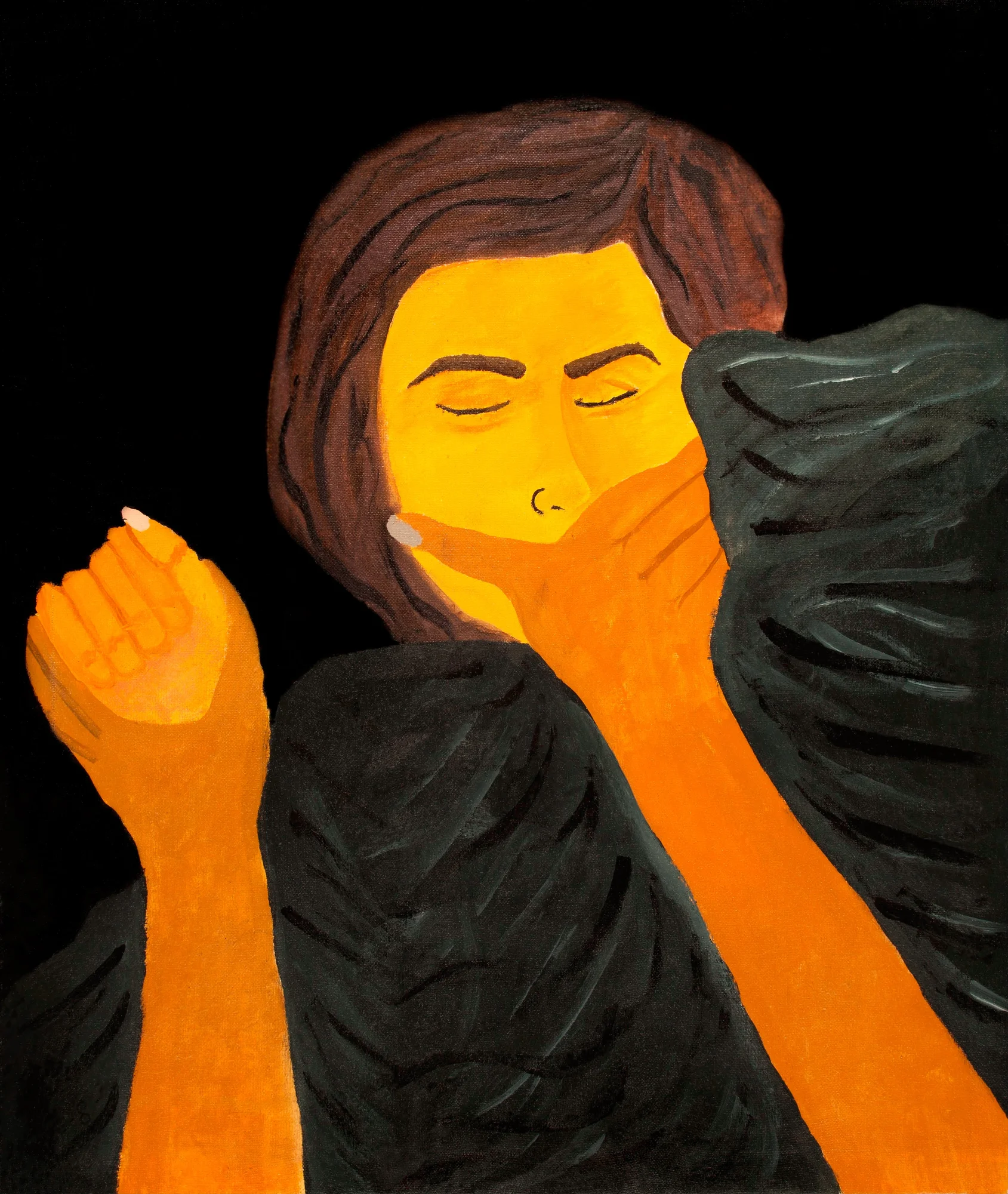 Painting by Suhalia Dakhil Talo, Yazidi Survivor, of person with their arm and mouth strangles by unknown arms. It is a metaphor representing every powerless and voiceless survivor.