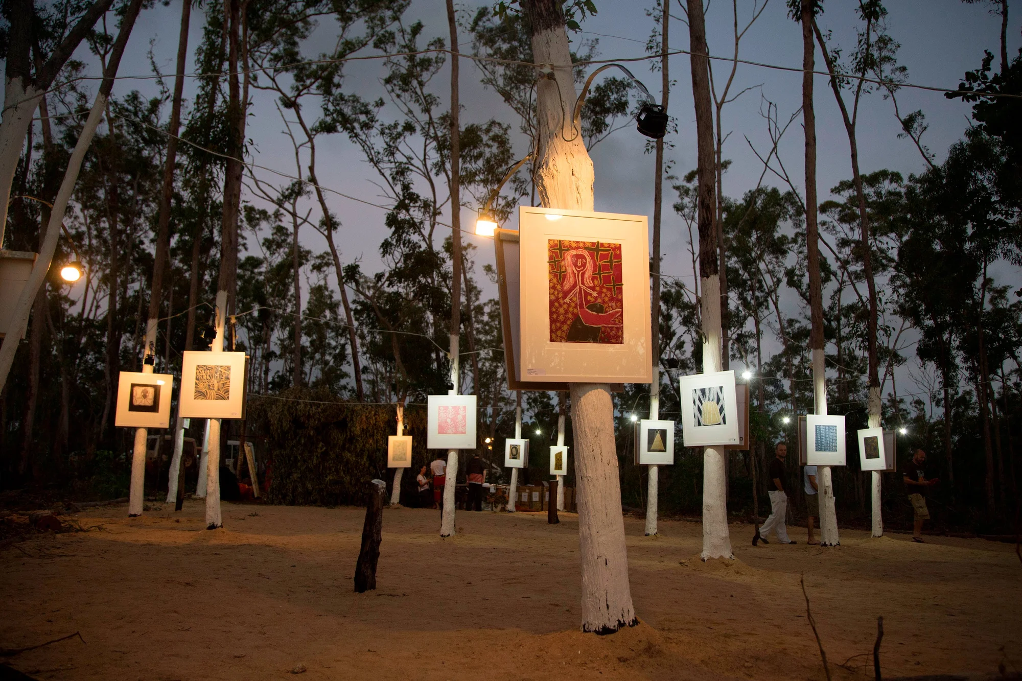 An outdoor art gallery set in a grove of stringybark trees, with 10+ artworks hung to their trunks