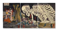 Utagawa Kuniyoshi, Princess Takiyasha summons a skeleton spectre to frighten Mitsukuni, a triptych of color woodblock prints, 1844