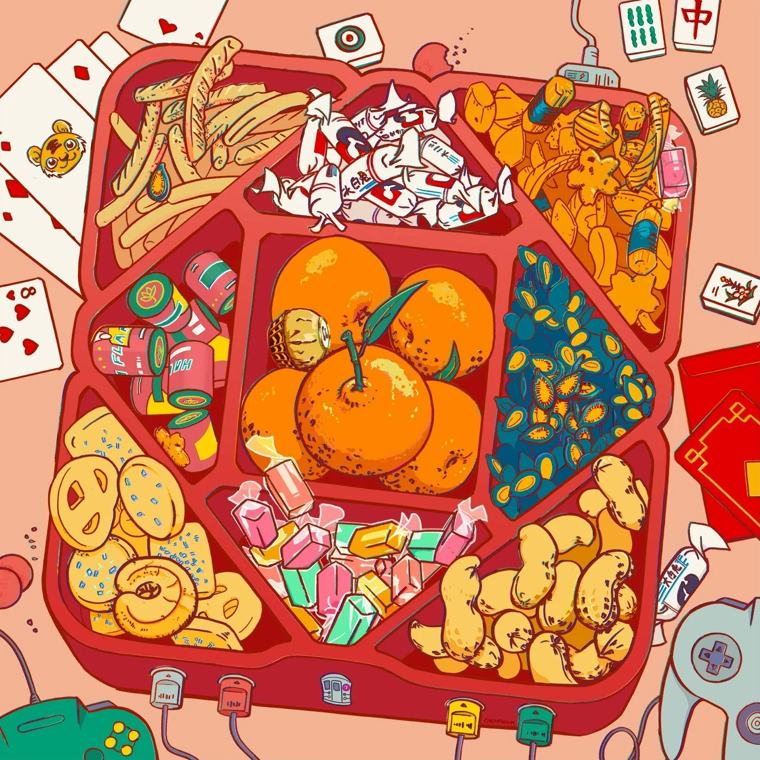 Colorful, illustration-style image of a tray of Chinese snacks like oranges and shrimp crackers against a background of cards and games.