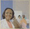 A painting of a Black woman in a white lab coat with surgeons and nurses working behind her