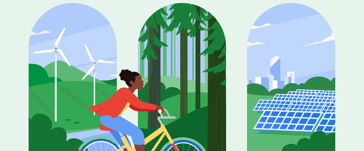 Illustration of a woman on a bike with images of wind power, forests and solar power in the background.