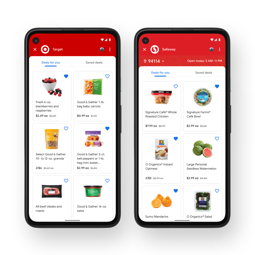 Weekly deals on grocery items at Target and Safeway displayed in the Google Pay app.