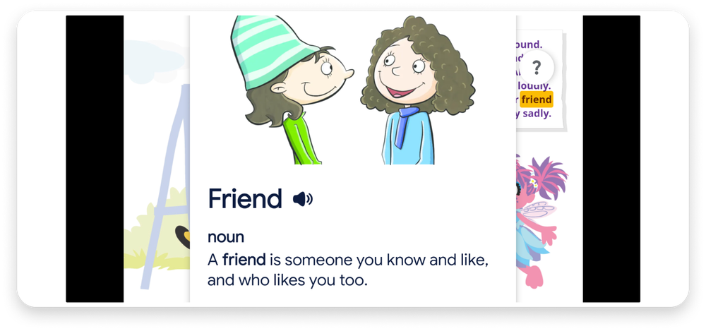 Kid-Friendly Dictionary defining the word "Friend" for kids, with an illustration of two children talking.