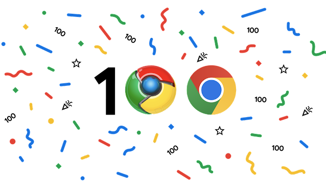 El numero cien con el primer logo de Chrome como un cero y el actual logo de Chrome como el segundo cero