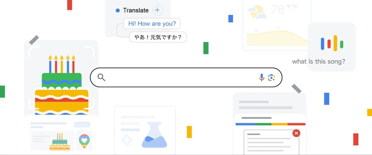 The search box is surrounded by images of Google Search features throughout the years, including Google Translate, Hum to Search, Labs, and Lens of a birthday cake.