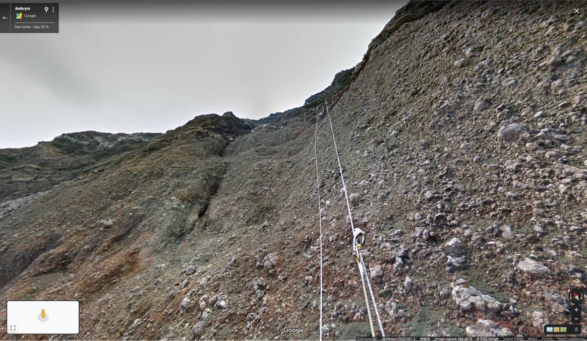 A view of rappel lines along a volcano in Street View